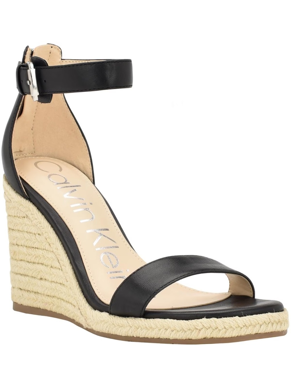 Calvin Klein Noshela Leather Espadrille Wedge Sandals Black NIB Size 10M